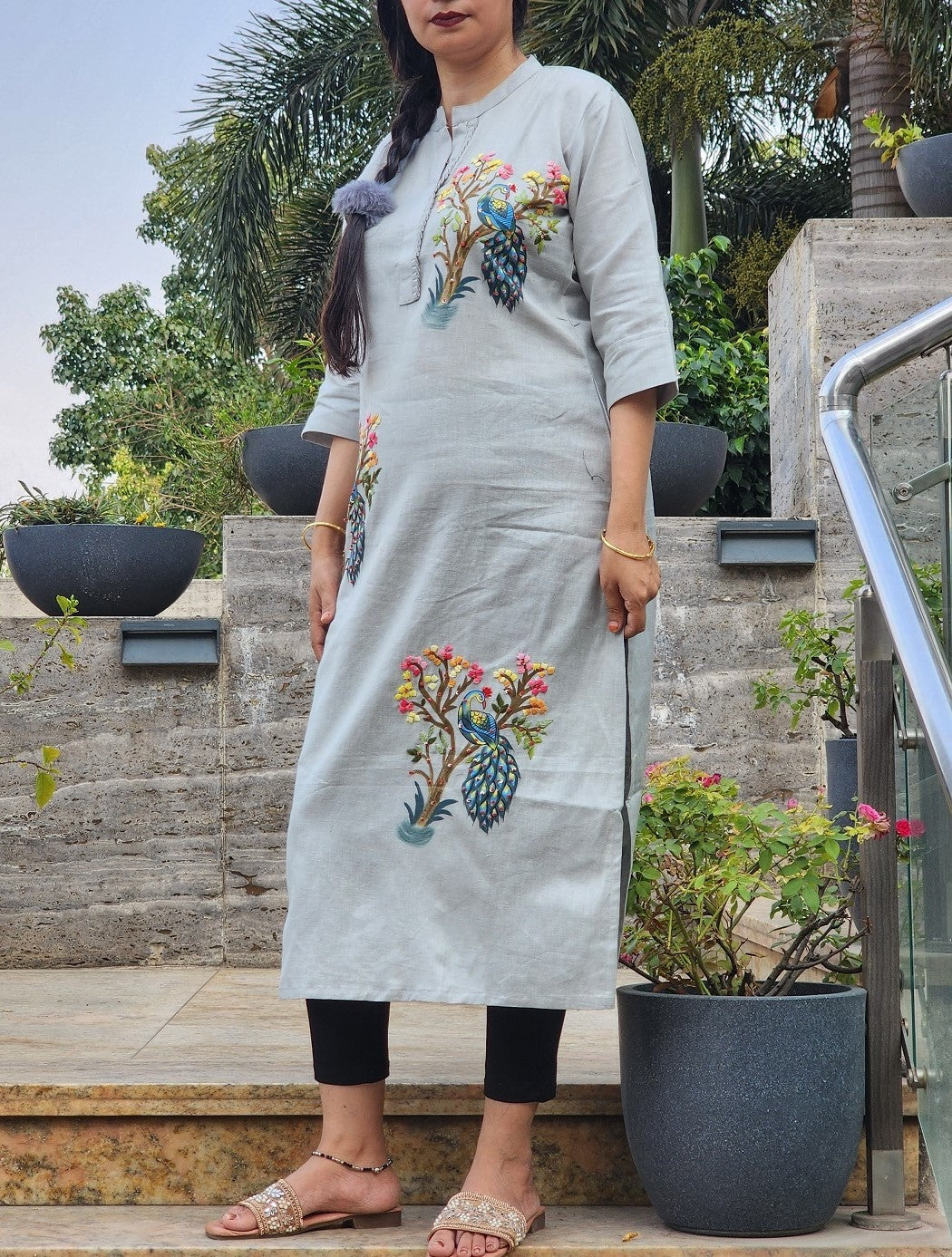 Organic Cotton Grey Hand-Painted Embroidery Kurti for Women
