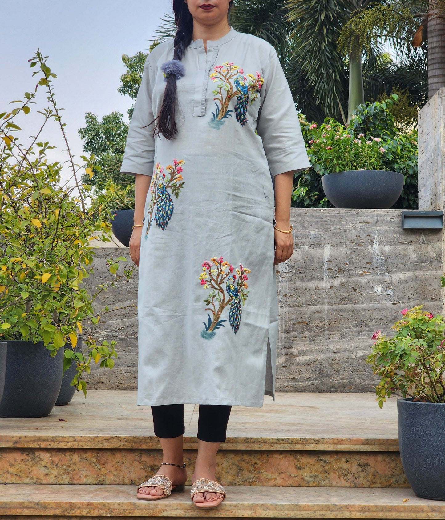 Organic Cotton Grey Hand-Painted Embroidery Kurti for Women