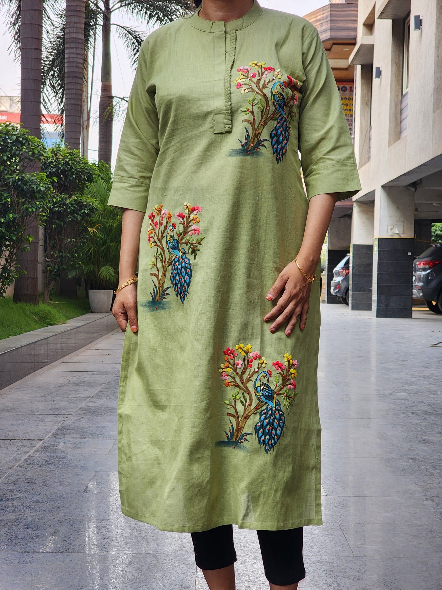 Organic Cotton Green  Hand-Painted Embroidery Kurti for Women