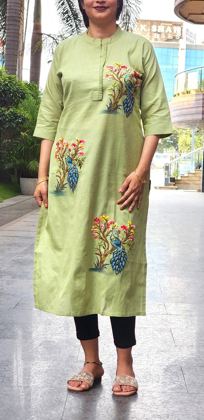 Organic Cotton Green  Hand-Painted Embroidery Kurti for Women
