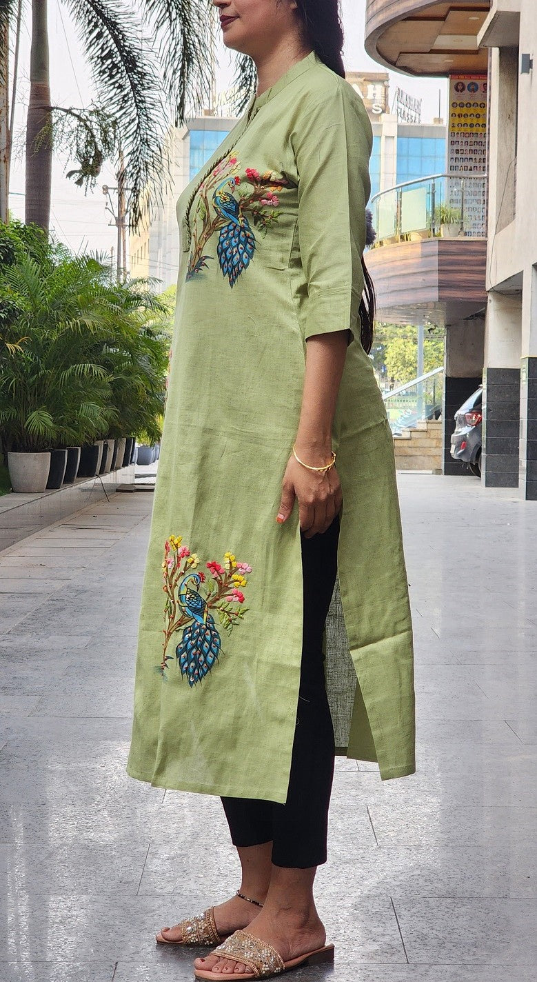 Organic Cotton Green  Hand-Painted Embroidery Kurti for Women