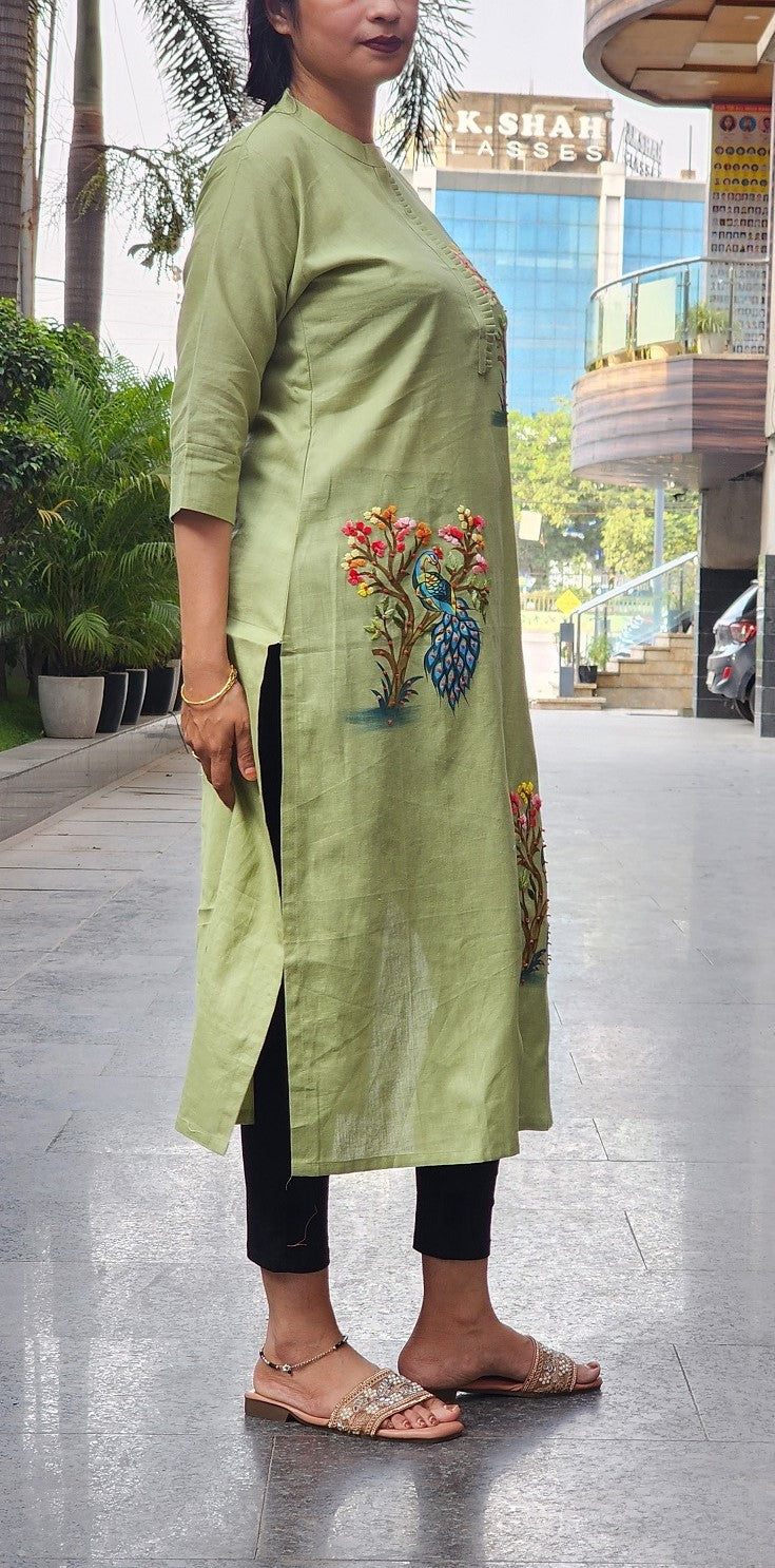 Organic Cotton Green  Hand-Painted Embroidery Kurti for Women
