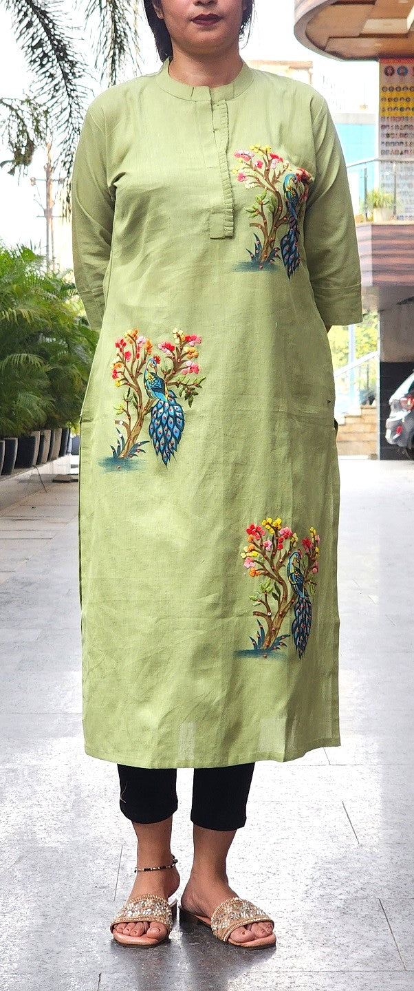 Organic Cotton Green  Hand-Painted Embroidery Kurti for Women