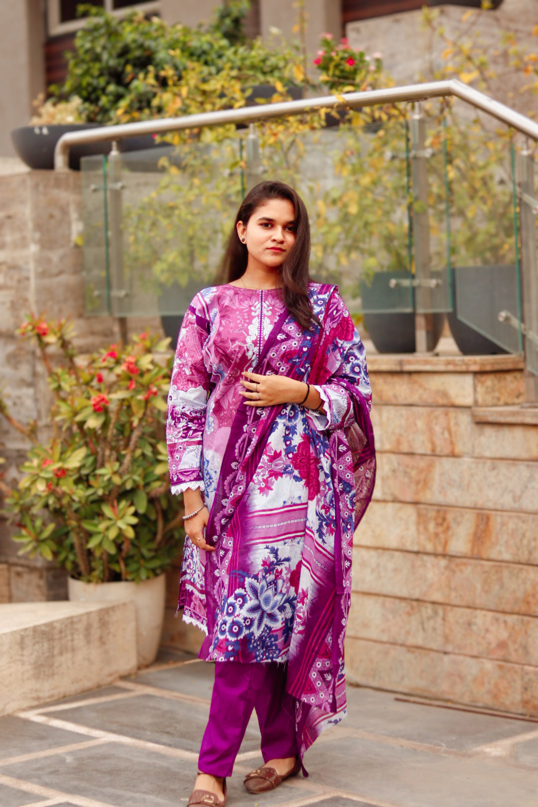 Purple Petals Digital printed cotton kurta pant dupatta set