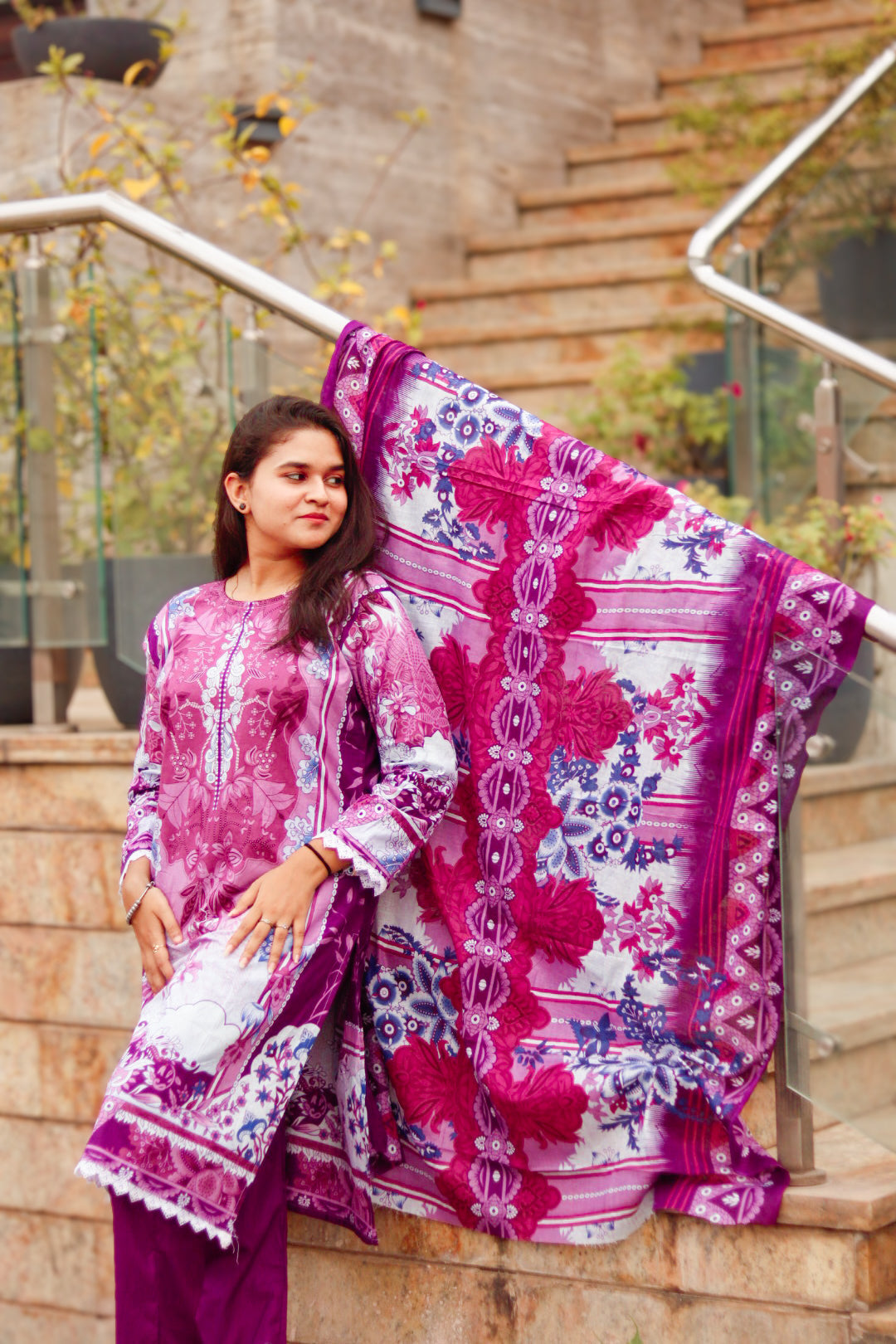 Purple Petals Digital printed cotton kurta pant dupatta set