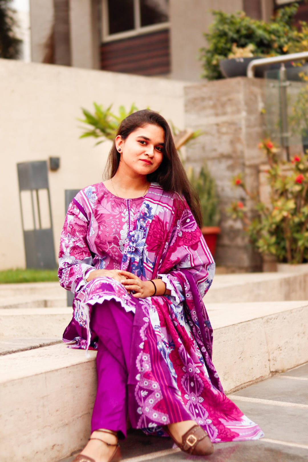 Purple Petals Digital printed cotton kurta pant dupatta set