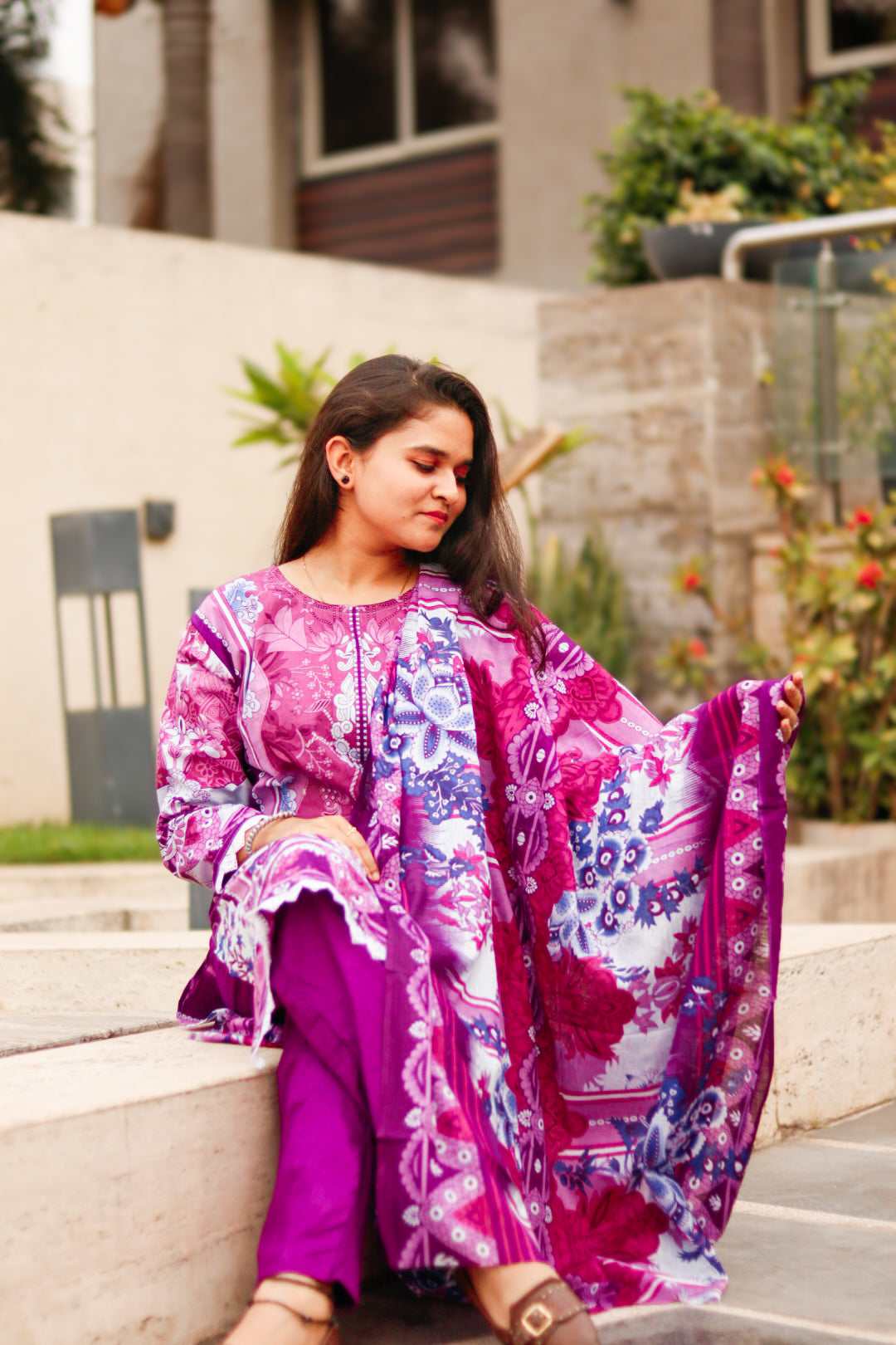 Purple Petals Digital printed cotton kurta pant dupatta set