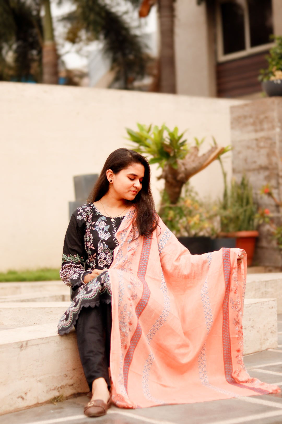 Black Orange  Digital  Printed Cotton Kurti Pant Dupatta set