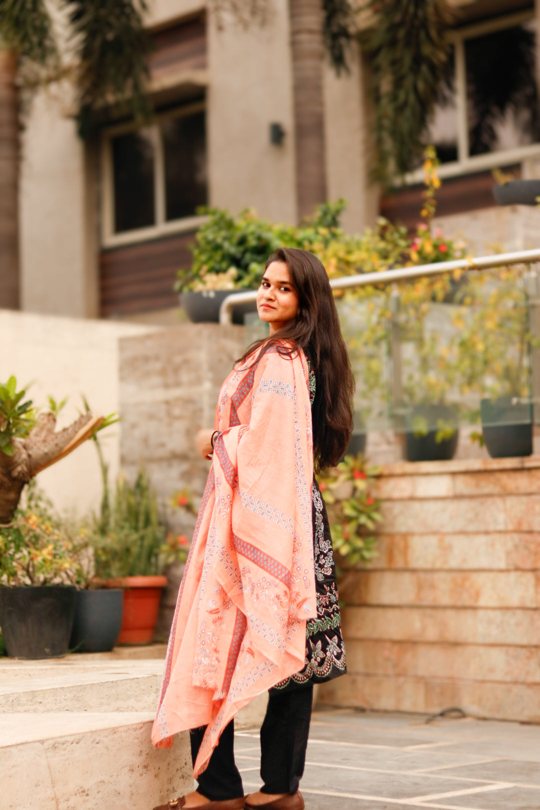 Black Orange  Digital  Printed Cotton Kurti Pant Dupatta set