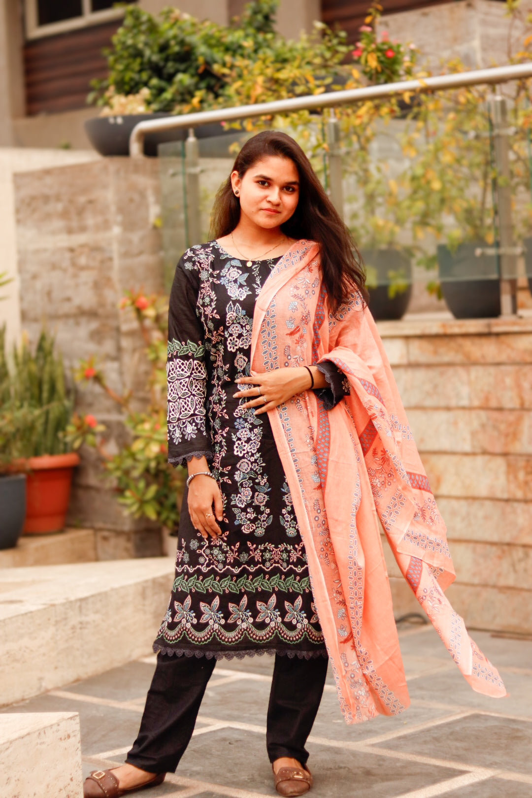 Black Orange  Digital  Printed Cotton Kurti Pant Dupatta set