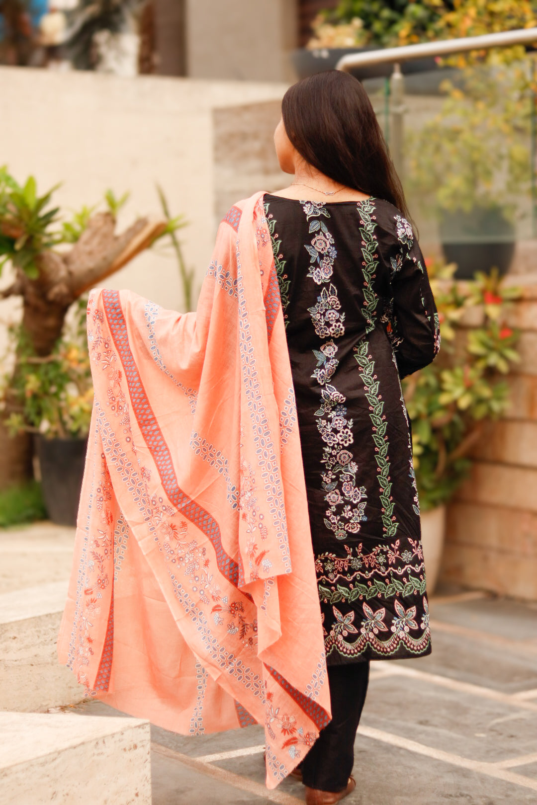 Black Orange  Digital  Printed Cotton Kurti Pant Dupatta set