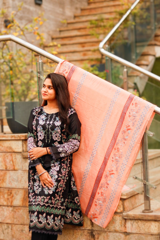 Black Orange  Digital  Printed Cotton Kurti Pant Dupatta set