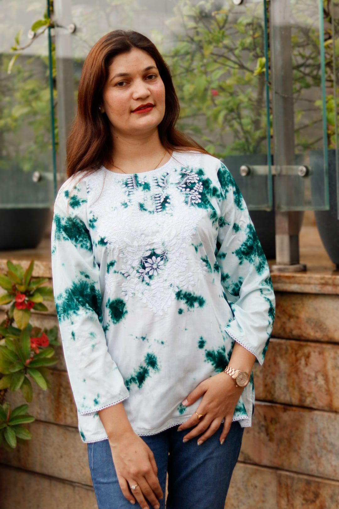 White and Green Tie and Dye Top
