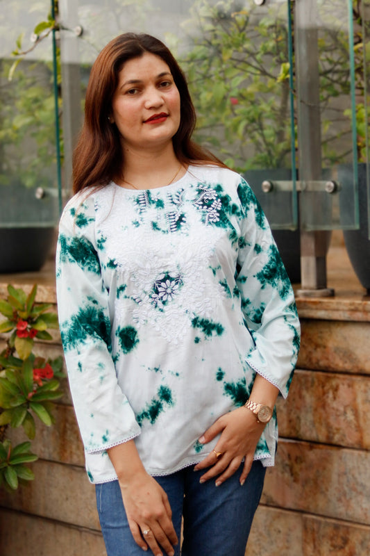 White and Green Tie and Dye Top