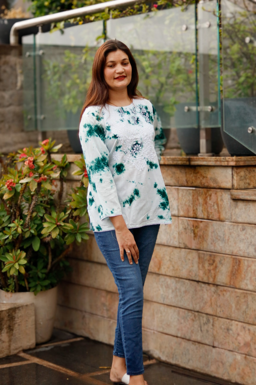 White and Green Tie and Dye Top