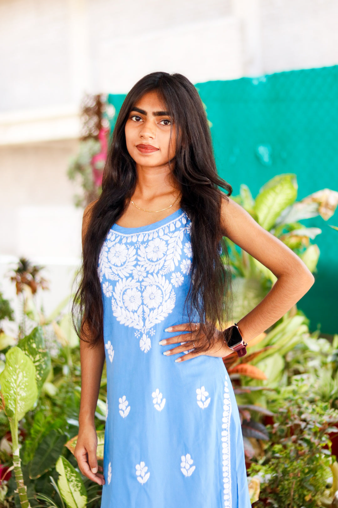 SKY BLUE Sleeveless Chikankari Rayon Shot Top Style Kurti