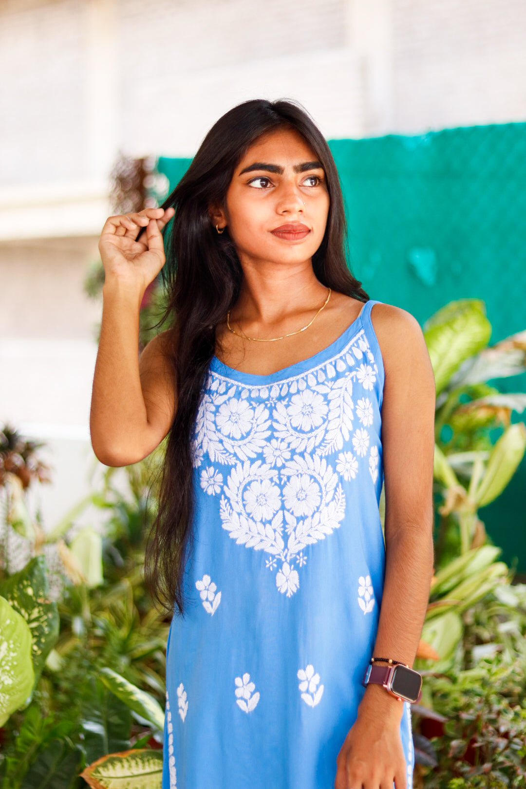 SKY BLUE Sleeveless Chikankari Rayon Shot Top Style Kurti