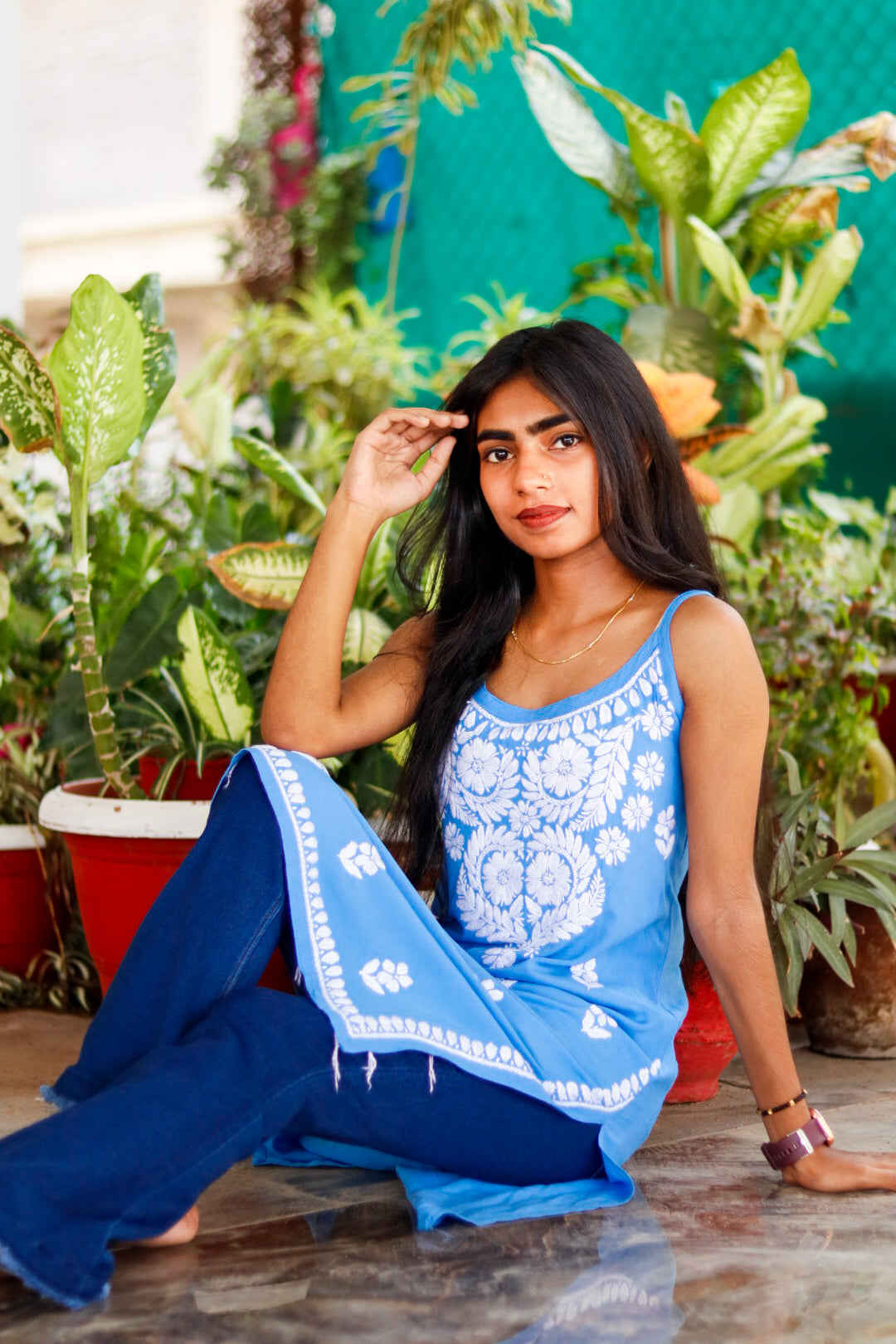 SKY BLUE Sleeveless Chikankari Rayon Shot Top Style Kurti