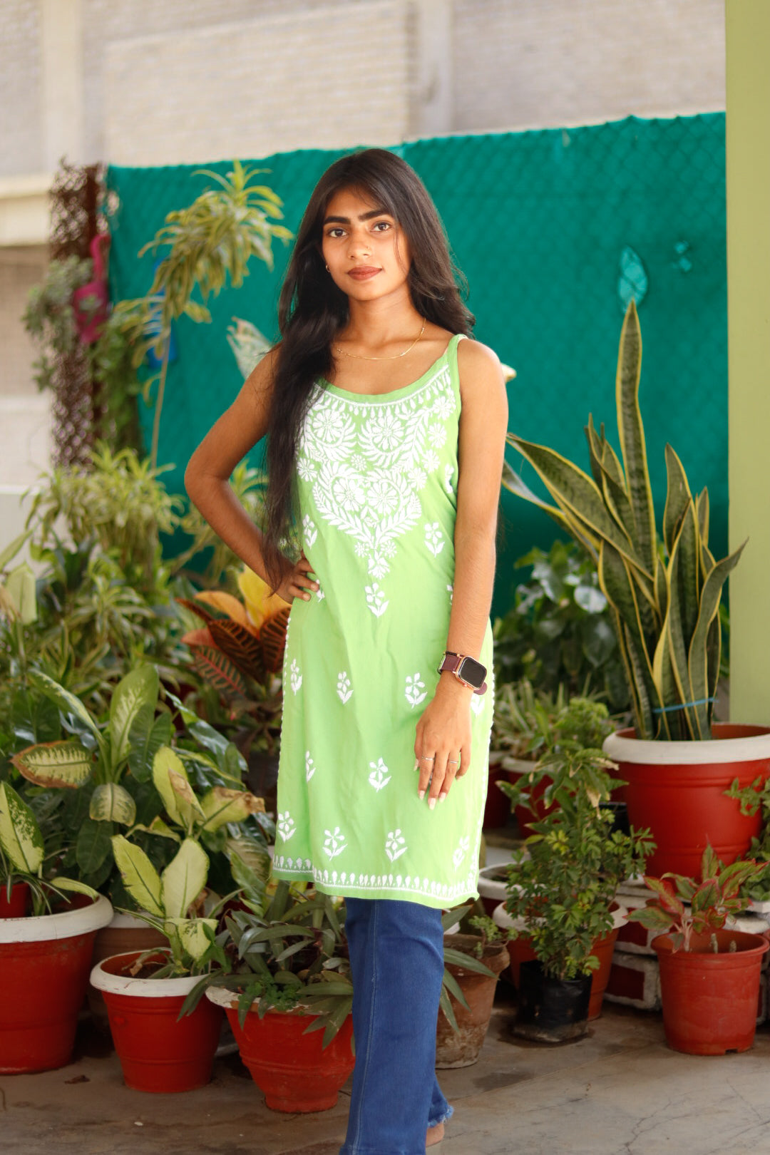 Sea Green Sleeveless Chikankari Rayon Shot Top Style