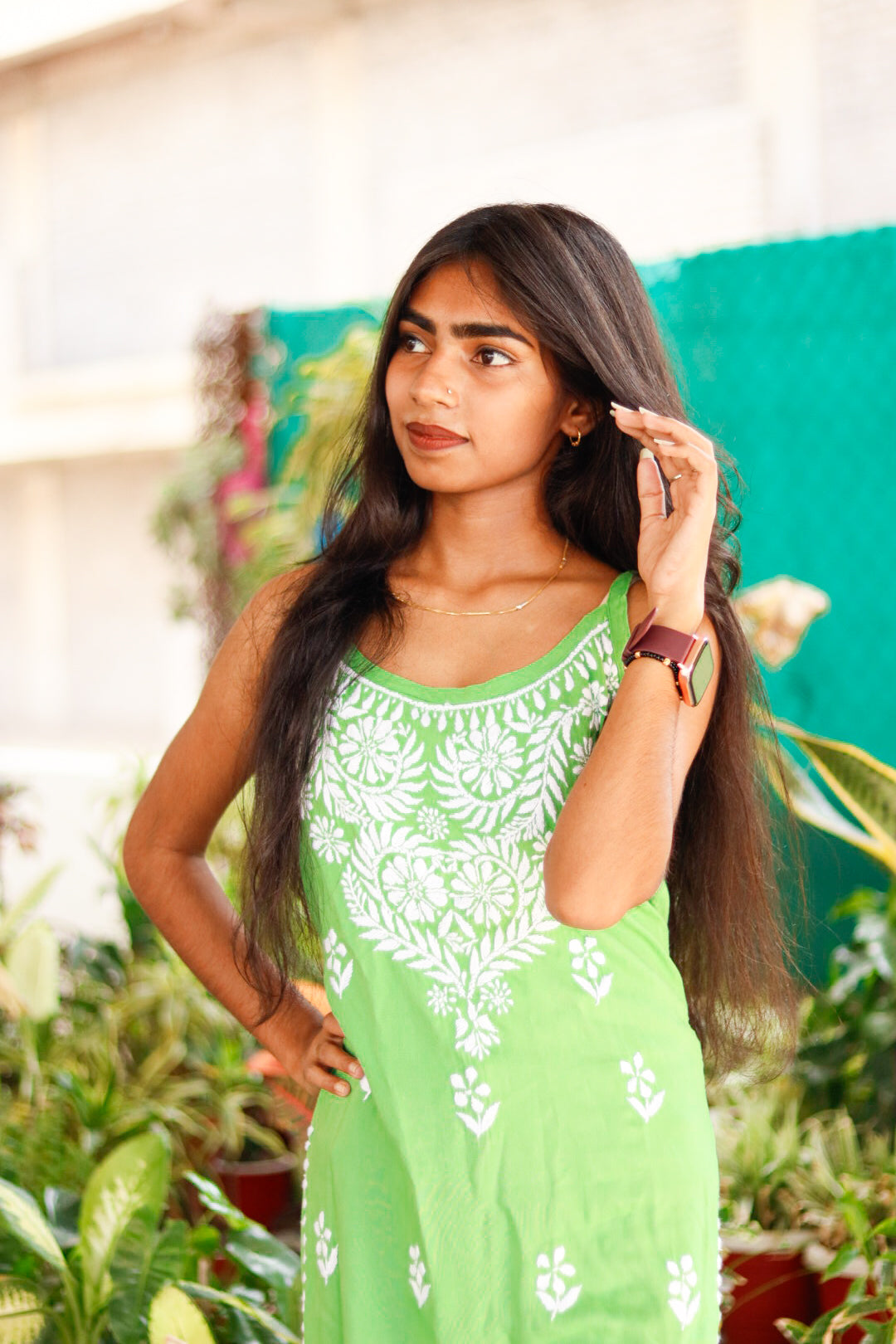 Sea Green Sleeveless Chikankari Rayon Shot Top Style