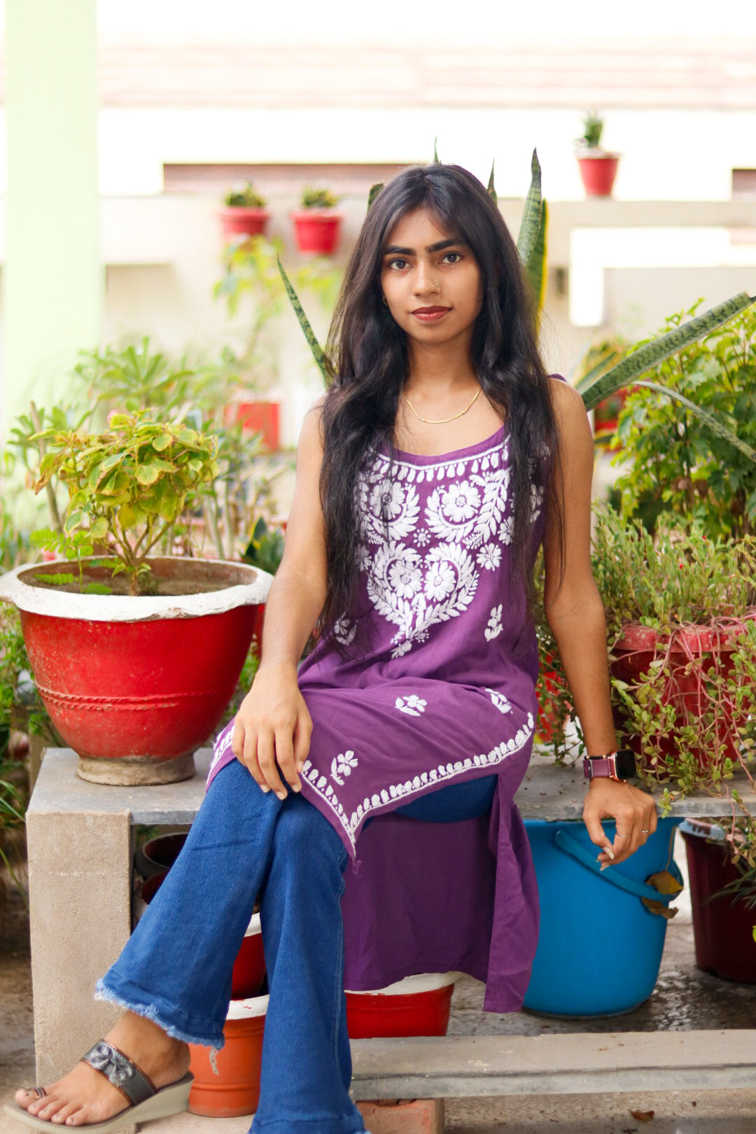 VILOET Sleeveless Chikankari Rayon Shot Top Style Kurti