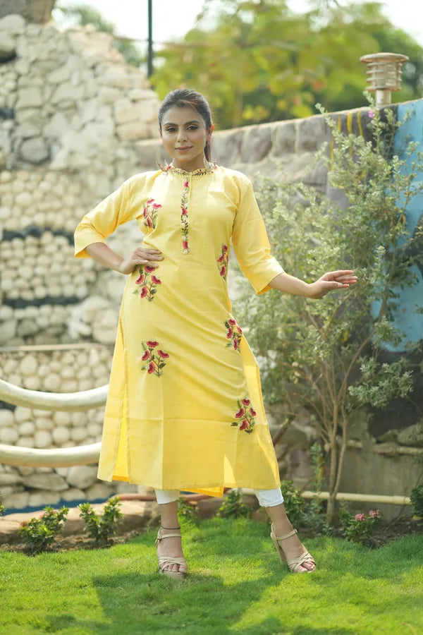 Yellow Organic Cotton Hand Embroidered Kurta