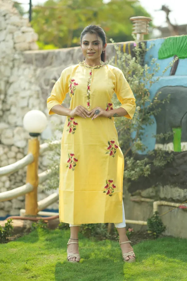 Yellow Organic Cotton Hand Embroidered Kurta
