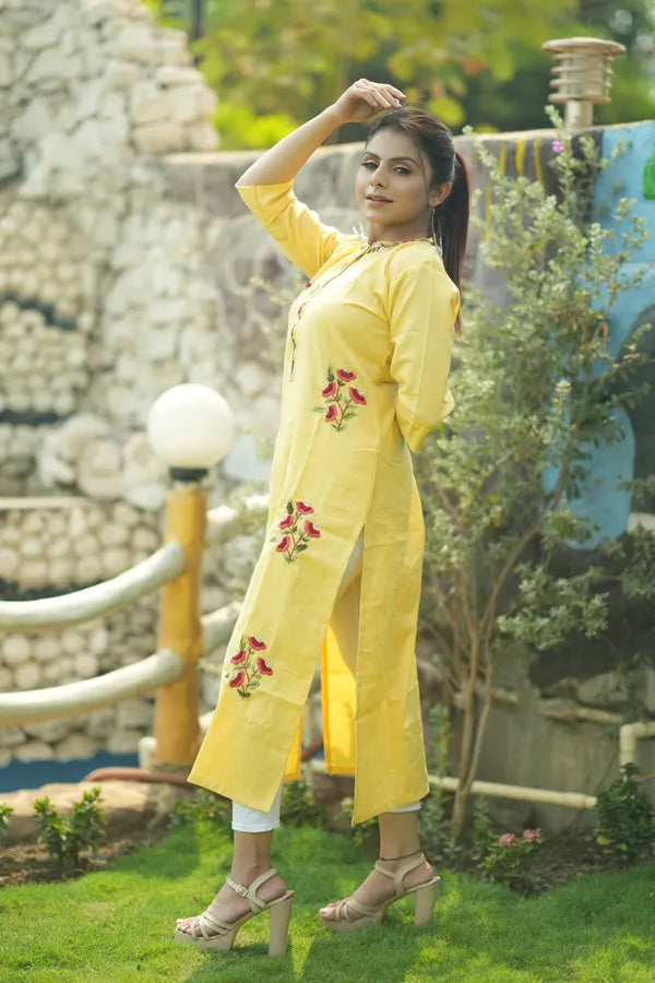Yellow Organic Cotton Hand Embroidered Kurta