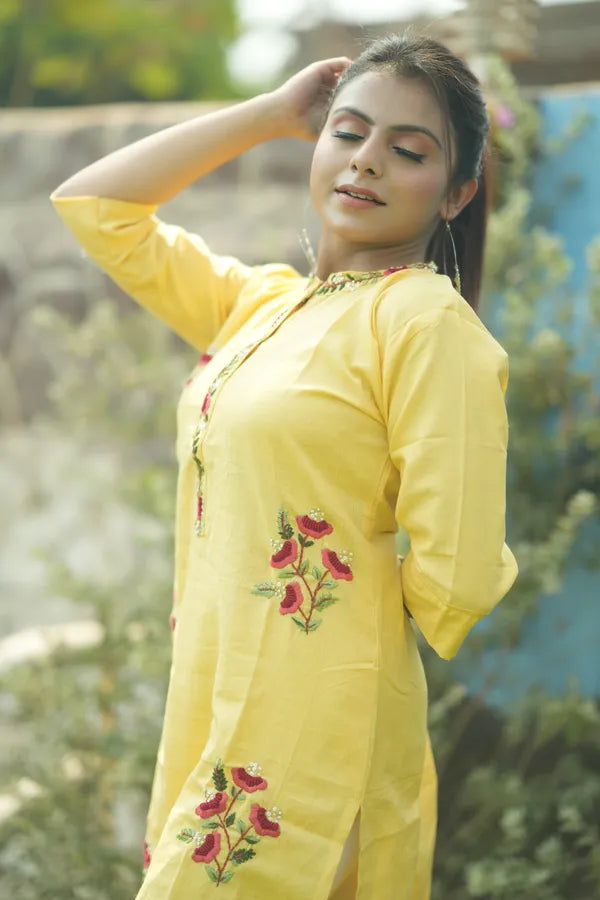 Yellow Organic Cotton Hand Embroidered Kurta