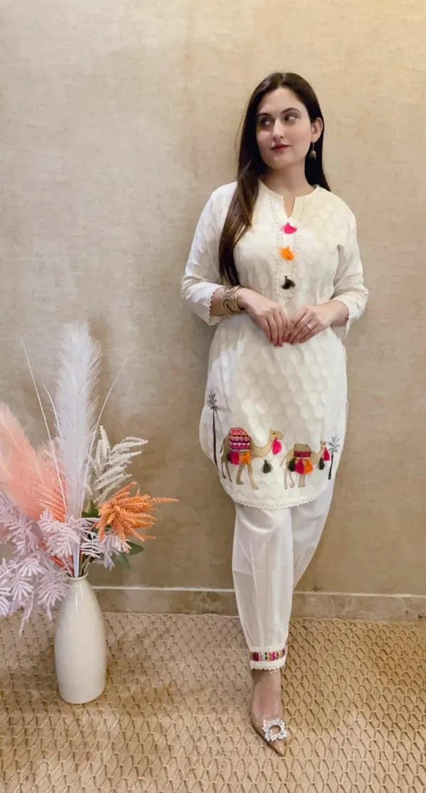 White  Cotton Camel Design Embroidered Co-Ord Set