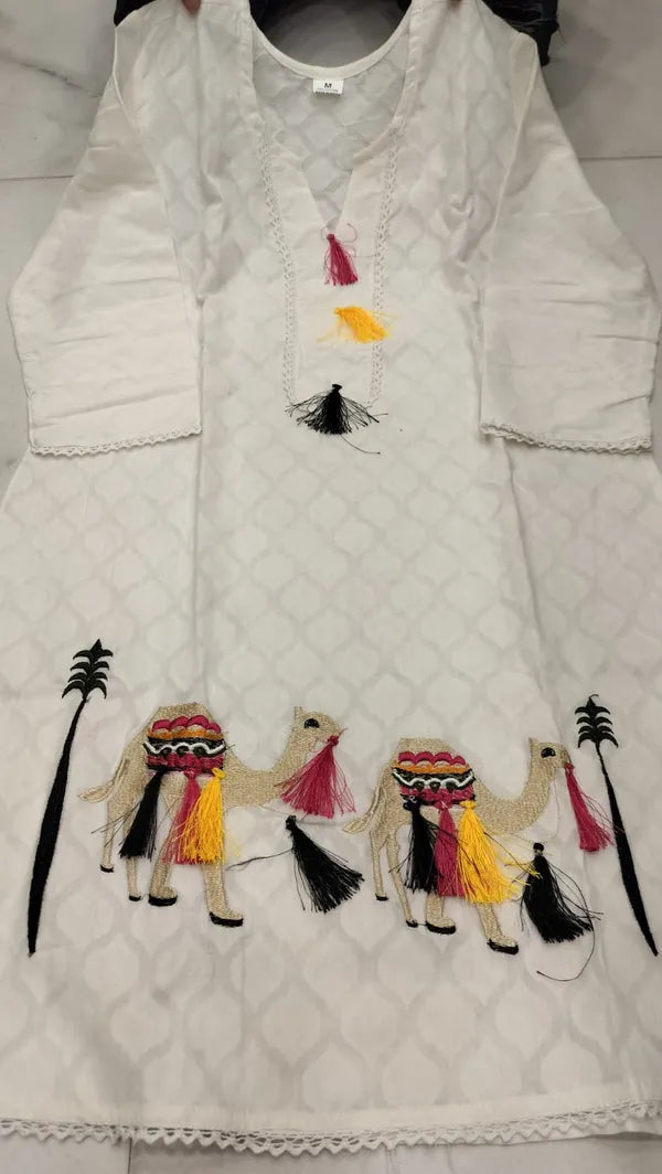 White  Cotton Camel Design Embroidered Co-Ord Set