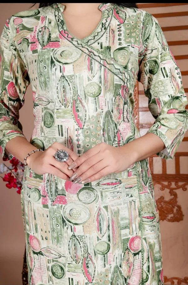 Green Angrakha Style Cotton Regular Kurti For Women