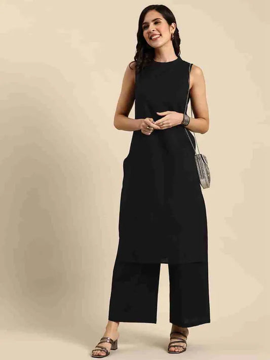 Black pure cotton sleevless kurti with pant