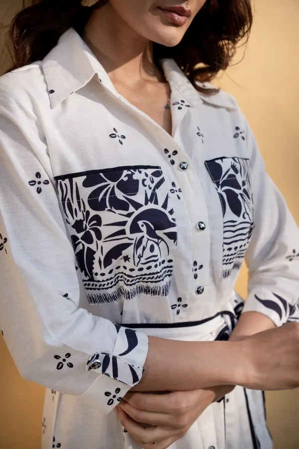 White And Black Khadi Cotton Hand Printed Tunic For Women