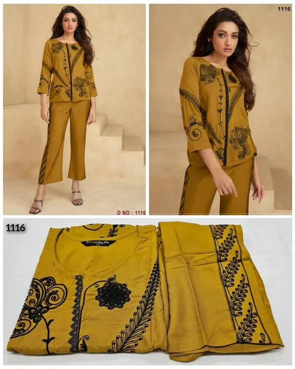 Coffee black embroidery stylish cord set