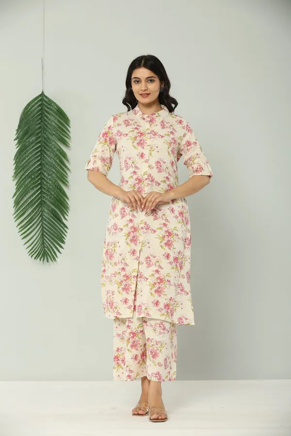 Cream Floral Khadi Cotton Flex Kurti Pant Dupatta Set For Women