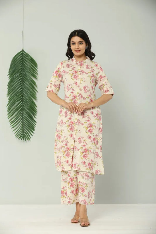 Cream Floral Khadi Cotton Flex Kurti Pant Dupatta Set For Women