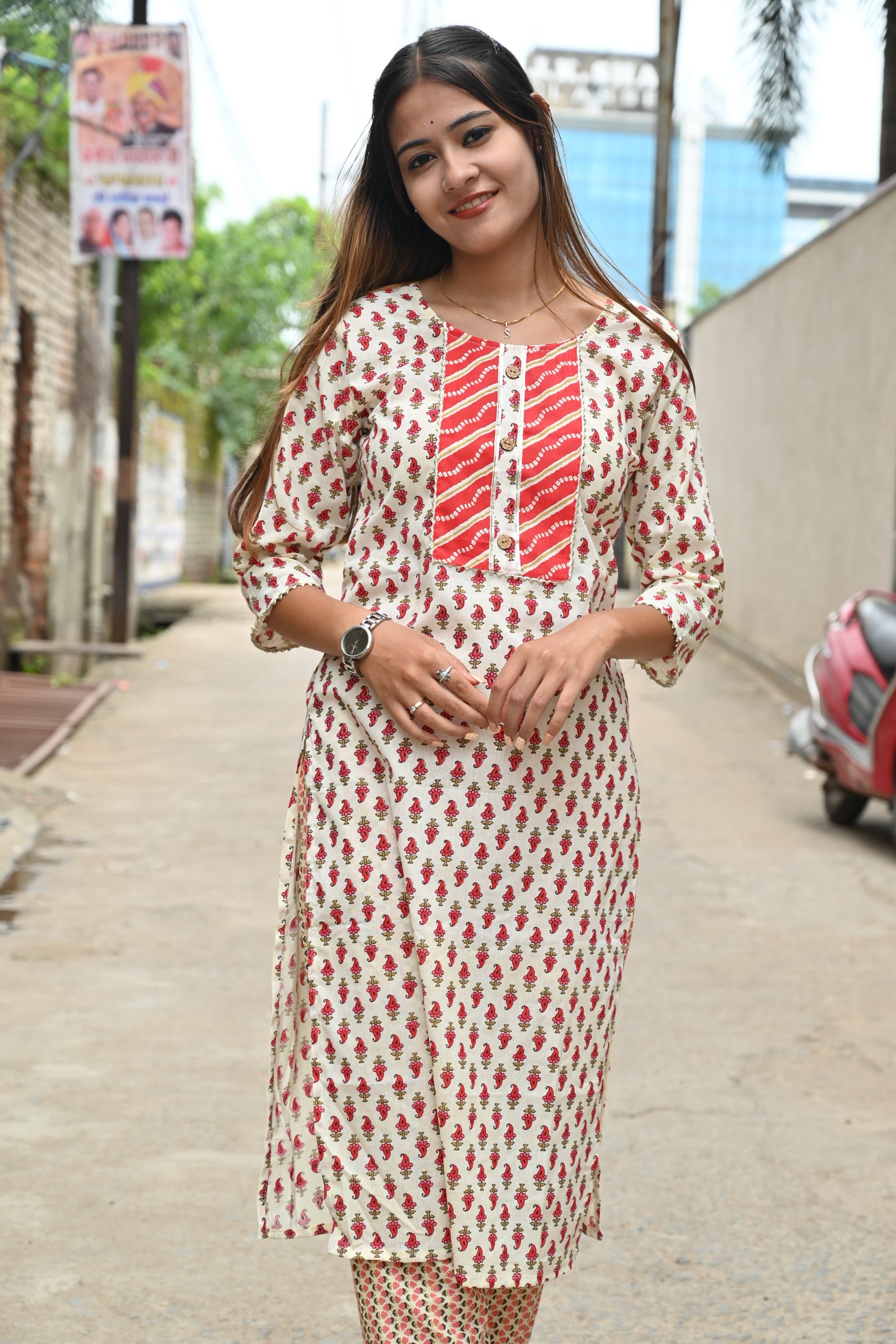 Red chunri design cotton kurti pant set