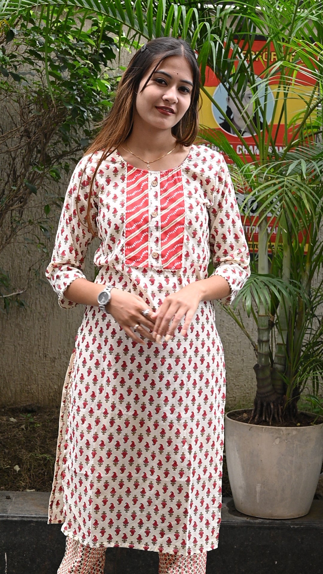 Red chunri design cotton kurti pant set