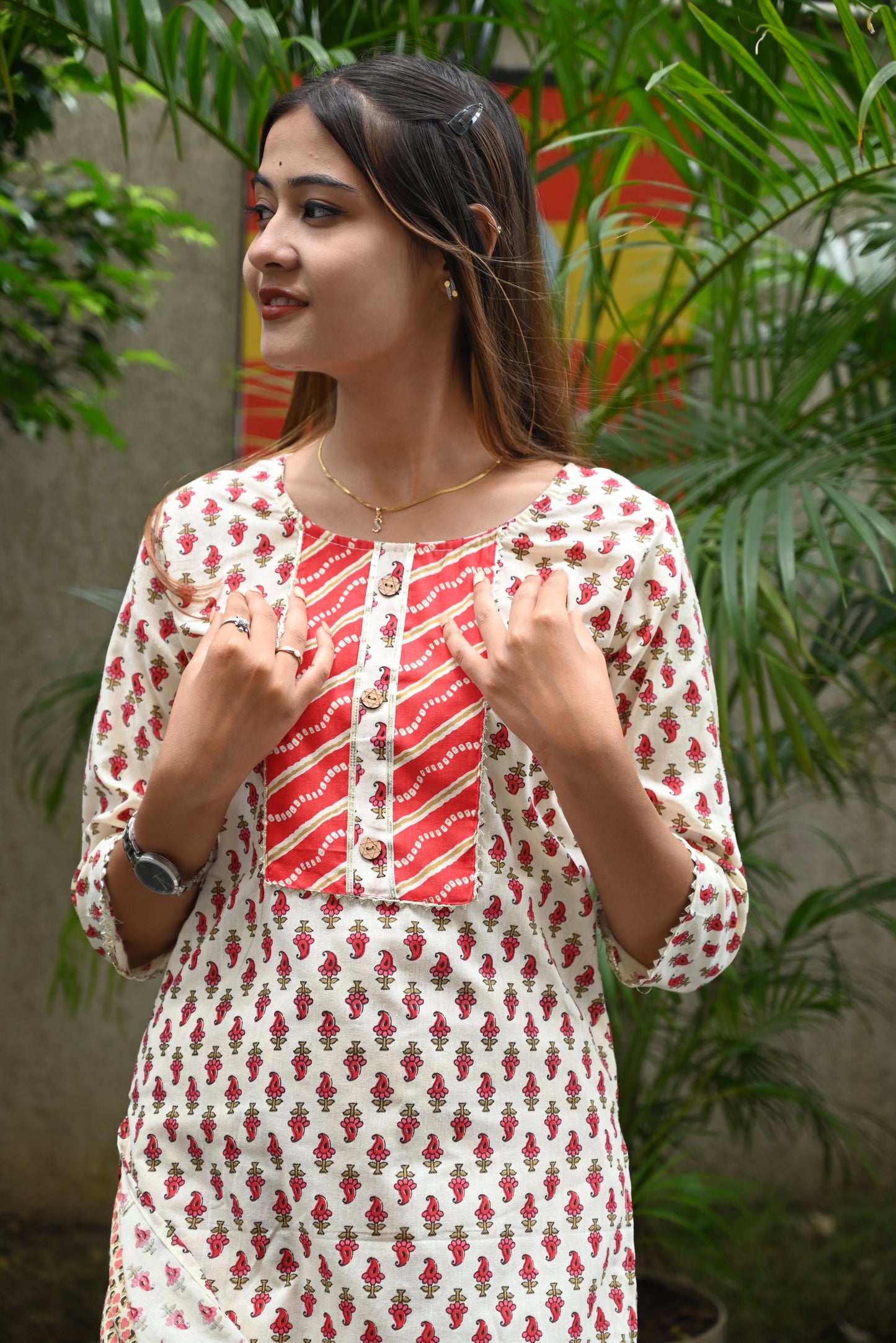 Red chunri design cotton kurti pant set