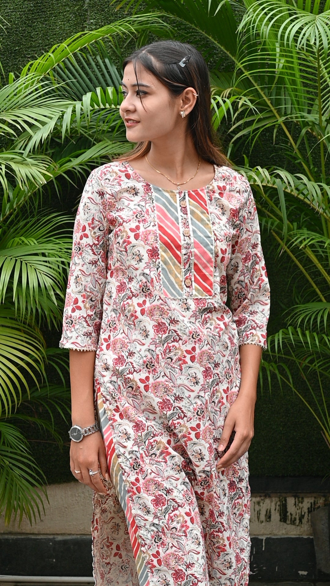 Multicolour cotton kurti pant set for women