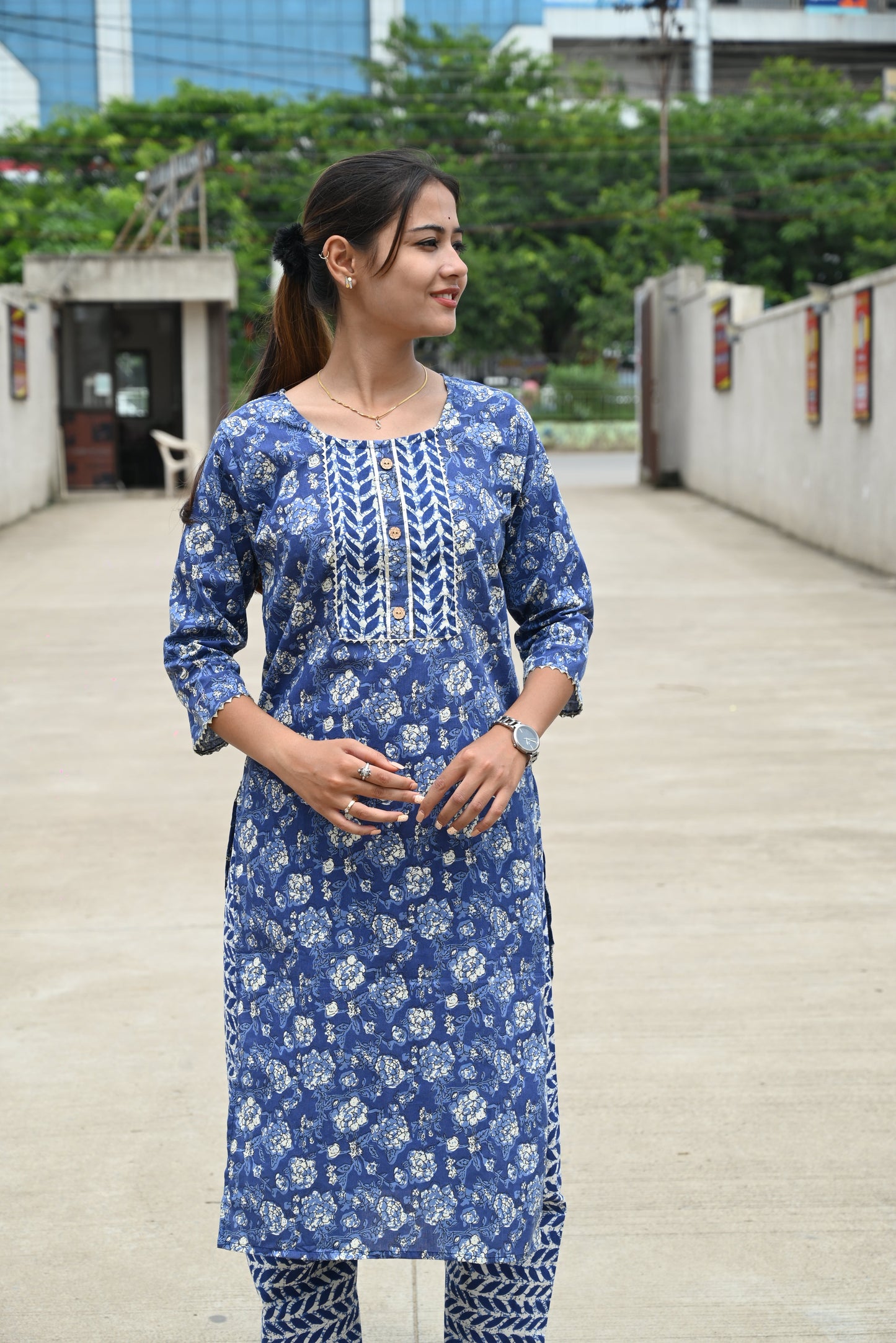 Indigo Cotton Jaipuri Kurti Pant Set