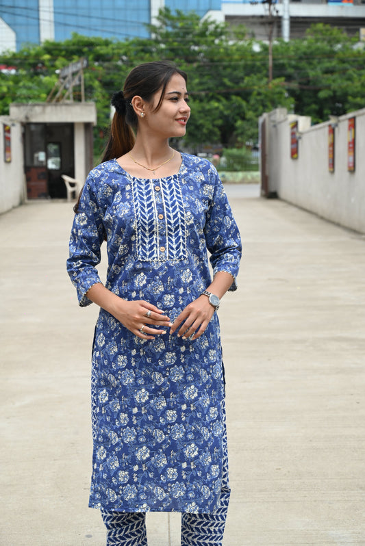 Indigo Cotton Jaipuri Kurti Pant Set