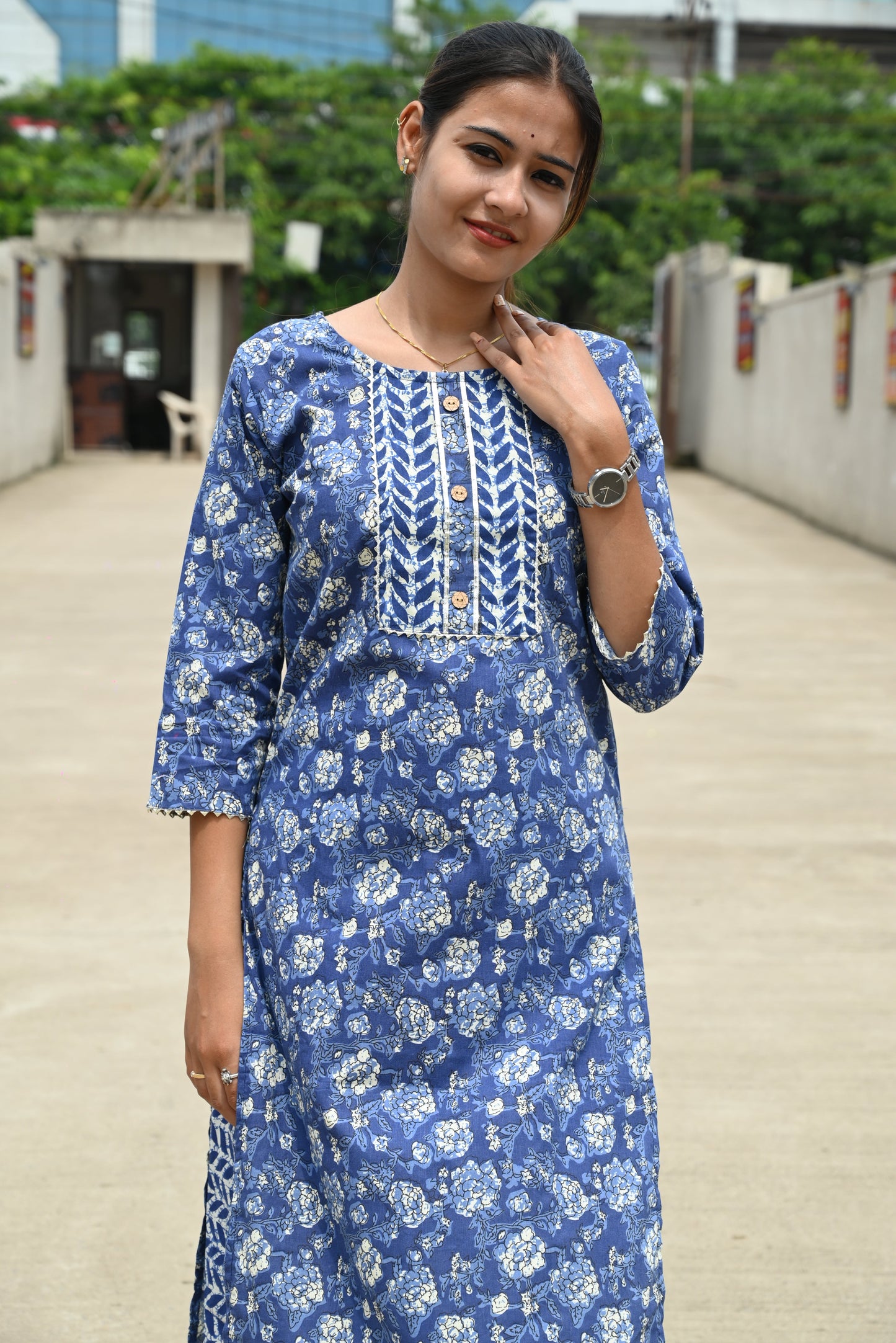 Indigo Cotton Jaipuri Kurti Pant Set
