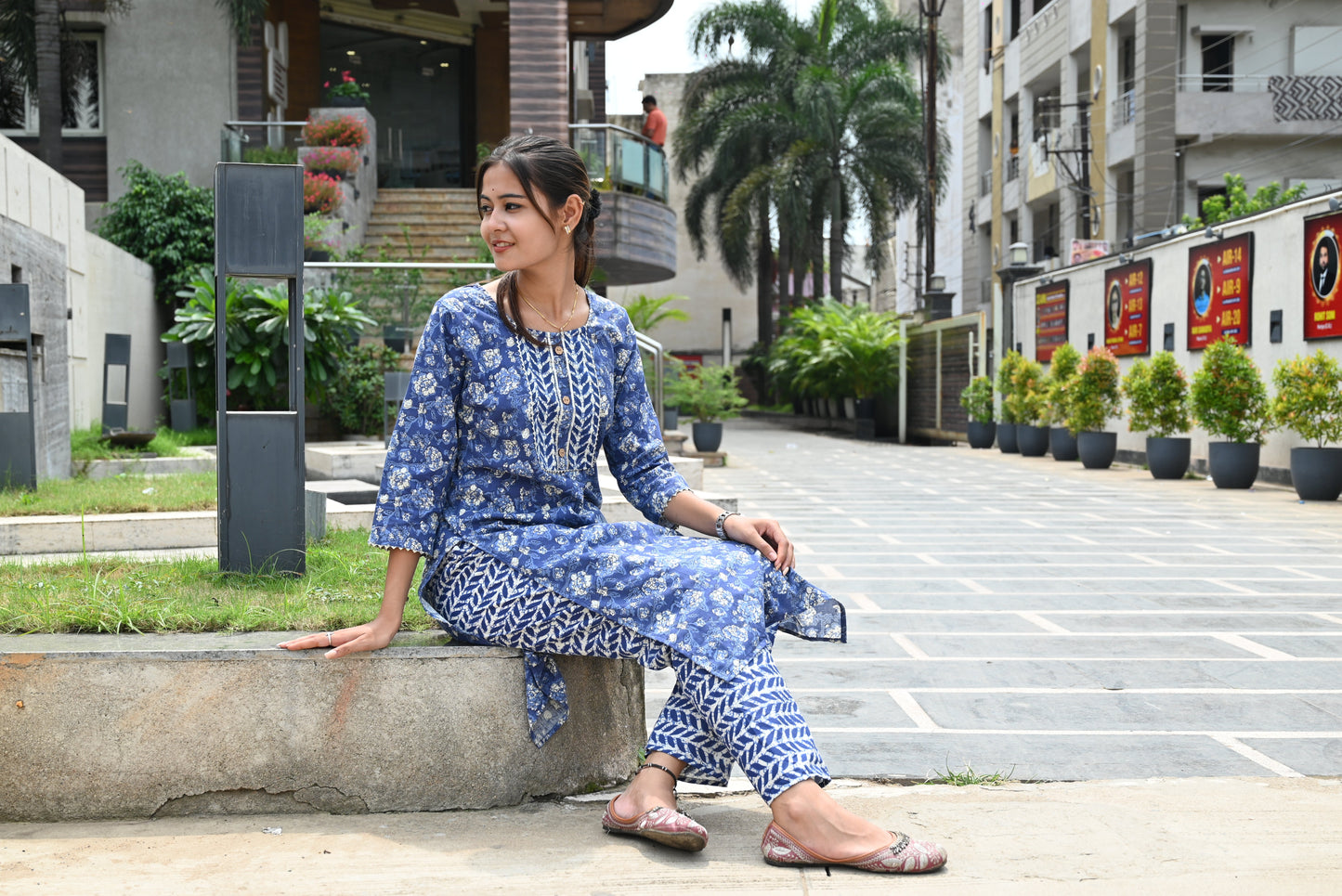 Indigo Cotton Jaipuri Kurti Pant Set