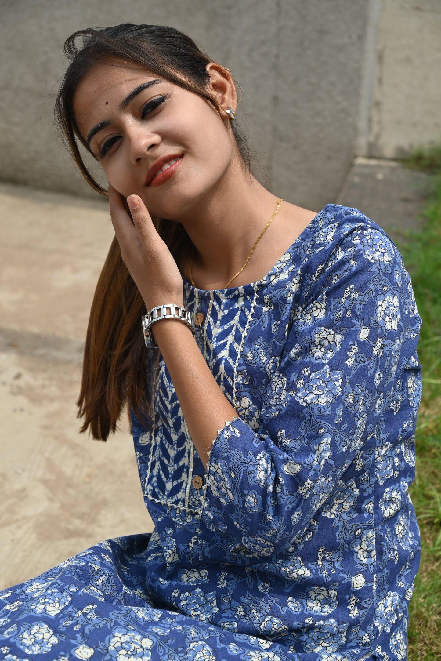 Indigo Cotton Jaipuri Kurti Pant Set