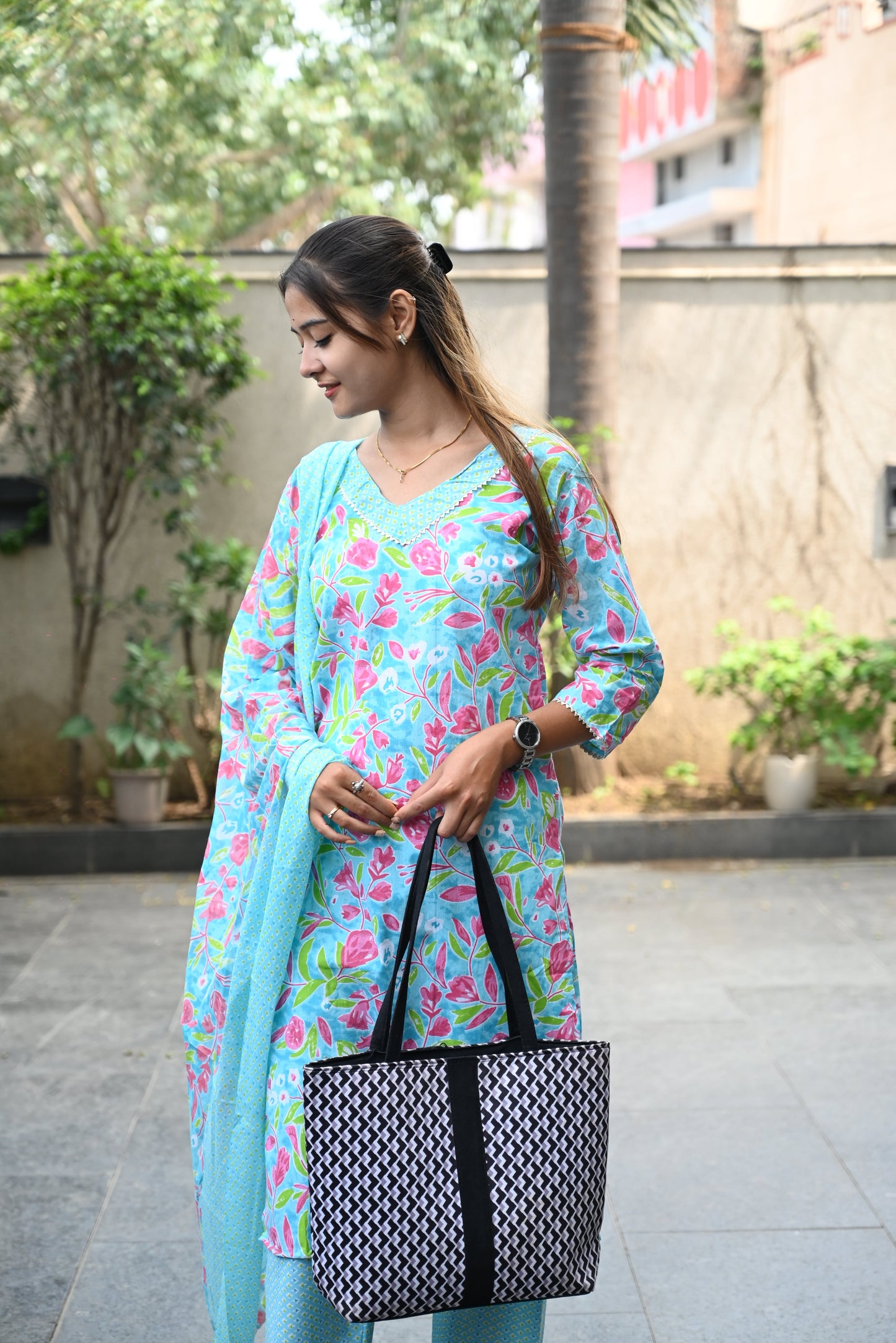 Blue and pink cotton kurti pant dupatta set