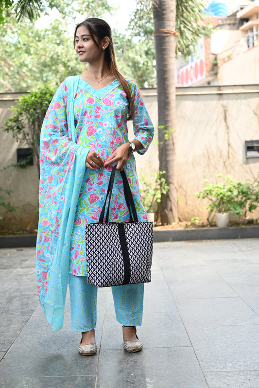 Blue and pink cotton kurti pant dupatta set