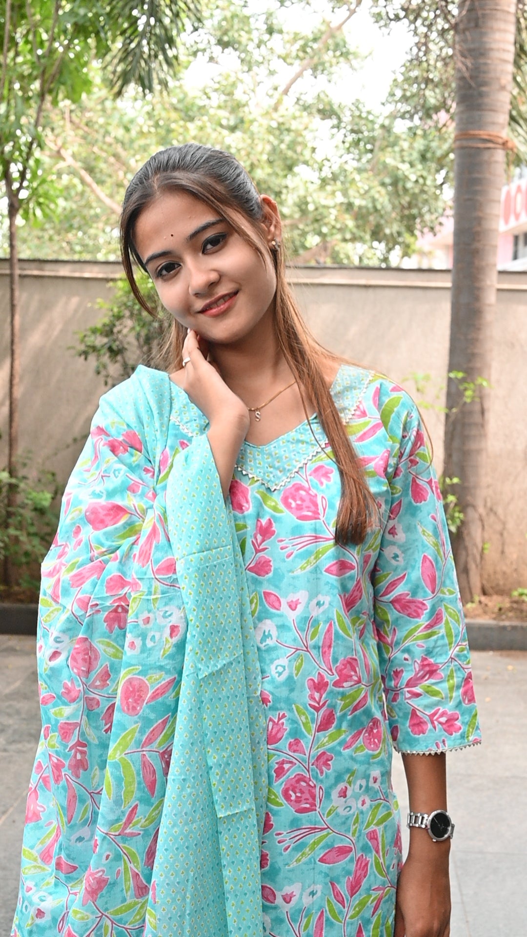 Blue and pink cotton kurti pant dupatta set