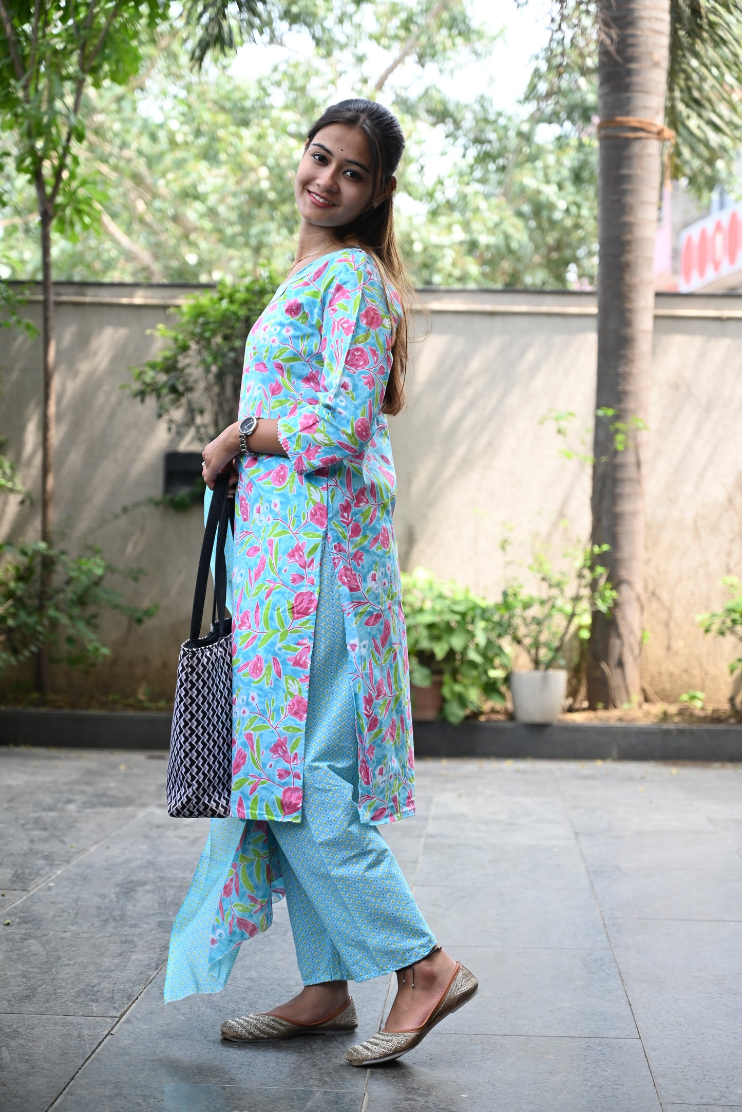 Blue and pink cotton kurti pant dupatta set